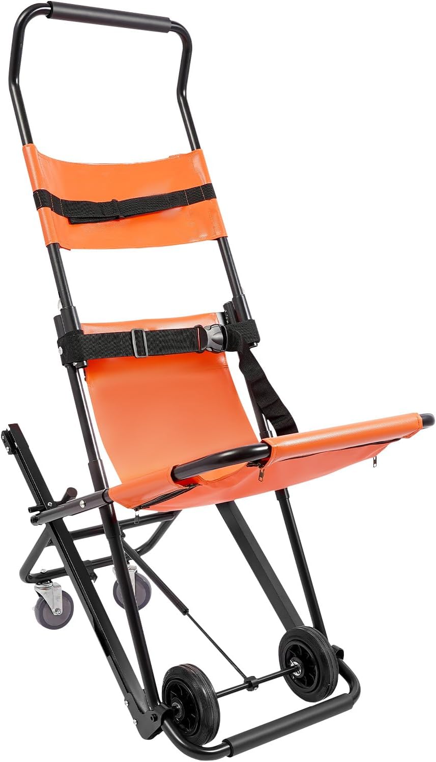 Folding 4-Wheel Evacuation Chair, Portable EMS Mobility Chair Mobile Stair Lift Stretcher Medical Emergency Patient Transfer Stretcher Wheelchair for Hospital, Home (Orange+ Black)