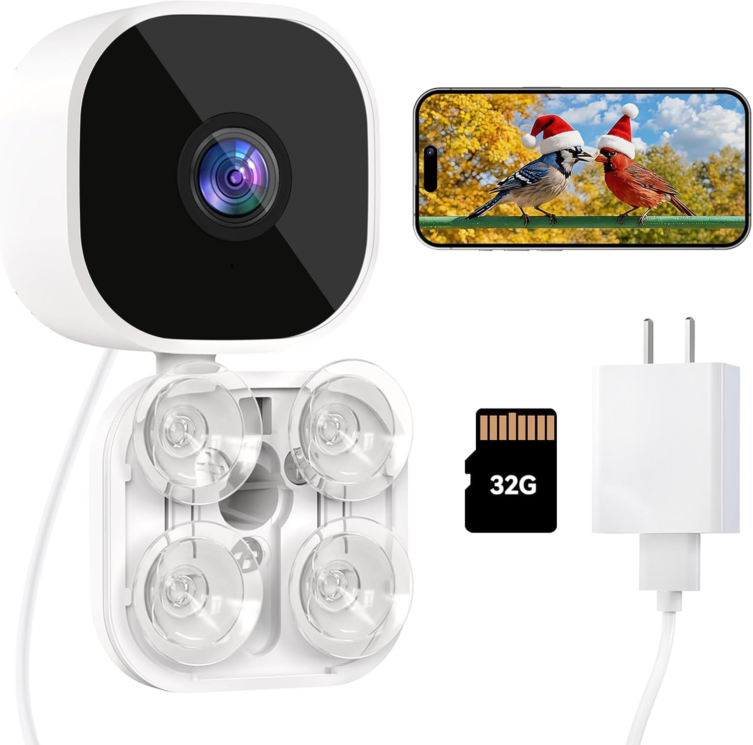 Dzees Window Bird Camera with Strong Suction Mount, 2K HD WiFi Bird Watching Camera with AI Bird Recognition, Live Streaming & Two-Way Audio, 32GB SD Included, Cloud Storage Support