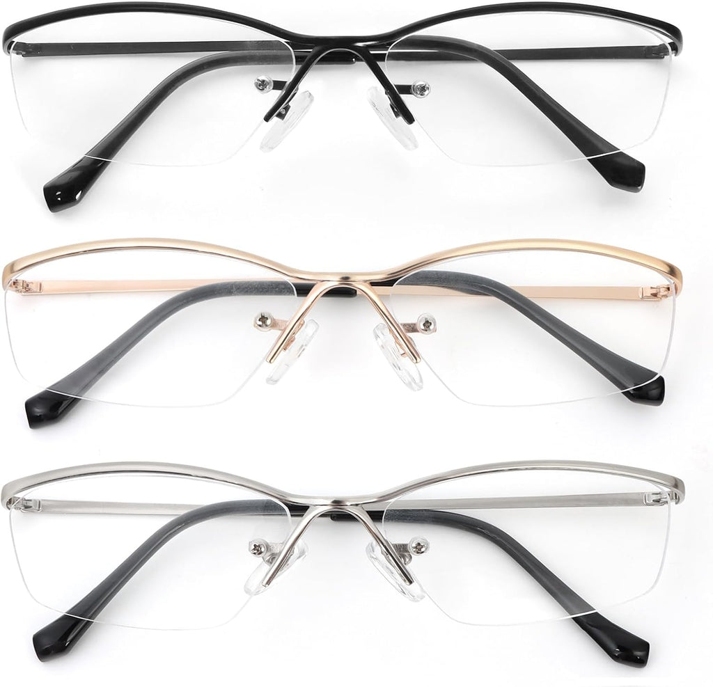 3 Pack Metal Half Frame Reading Glasses for Women Men Blue Light Blocking Readers Rectangular thin-framed Eyeglasses