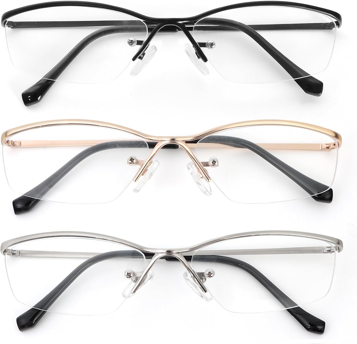 3 Pack Metal Half Frame Reading Glasses for Women Men Blue Light Blocking Readers Rectangular thin-framed Eyeglasses