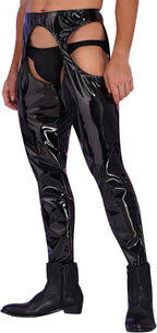 ACSUSS Mens Wet Look Leather Pants Tight Trousers Cutout Skinny Long Legging Pants Clubwear