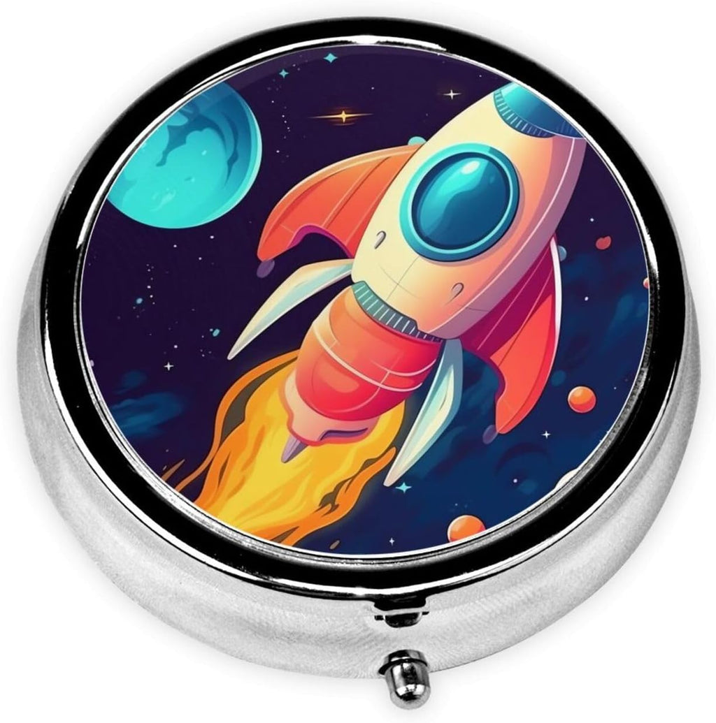 Pill Case with Mirror Retro 3 Compartment Pill Box Cartoon Rocket in Space Small Pill Organizer for Purse or Pocket Decorative Metal Medicine Vitamin Organizer Unique Gifts