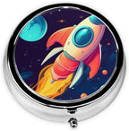 Pill Case with Mirror Retro 3 Compartment Pill Box Cartoon Rocket in Space Small Pill Organizer for Purse or Pocket Decorative Metal Medicine Vitamin Organizer Unique Gifts