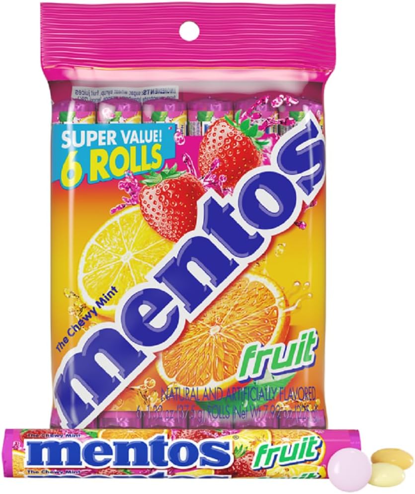 Mentos Fruit Chewy Mint Candy Roll, Mixed Fruit Flavors, Valentine's Day Candy for Parties & Favors, 14 Pieces Per Roll (Pack of 6)
