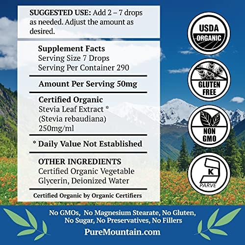 Pure Mountain Botanicals Organic Liquid Stevia Sweetener – Alcohol Free and Kosher Sweet Sugar Substitute Stevia Drops - 2oz Glass Bottle