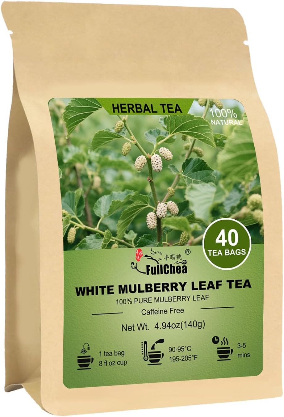 FullChea - White Mulberry Leaf Tea, 40 Teabags – 100% Pure Dried Mulberry Tea – Slightly Sweet & Refreshing - Non-GMO - Caffeine-Free - Support Wellness & Improve Digestion