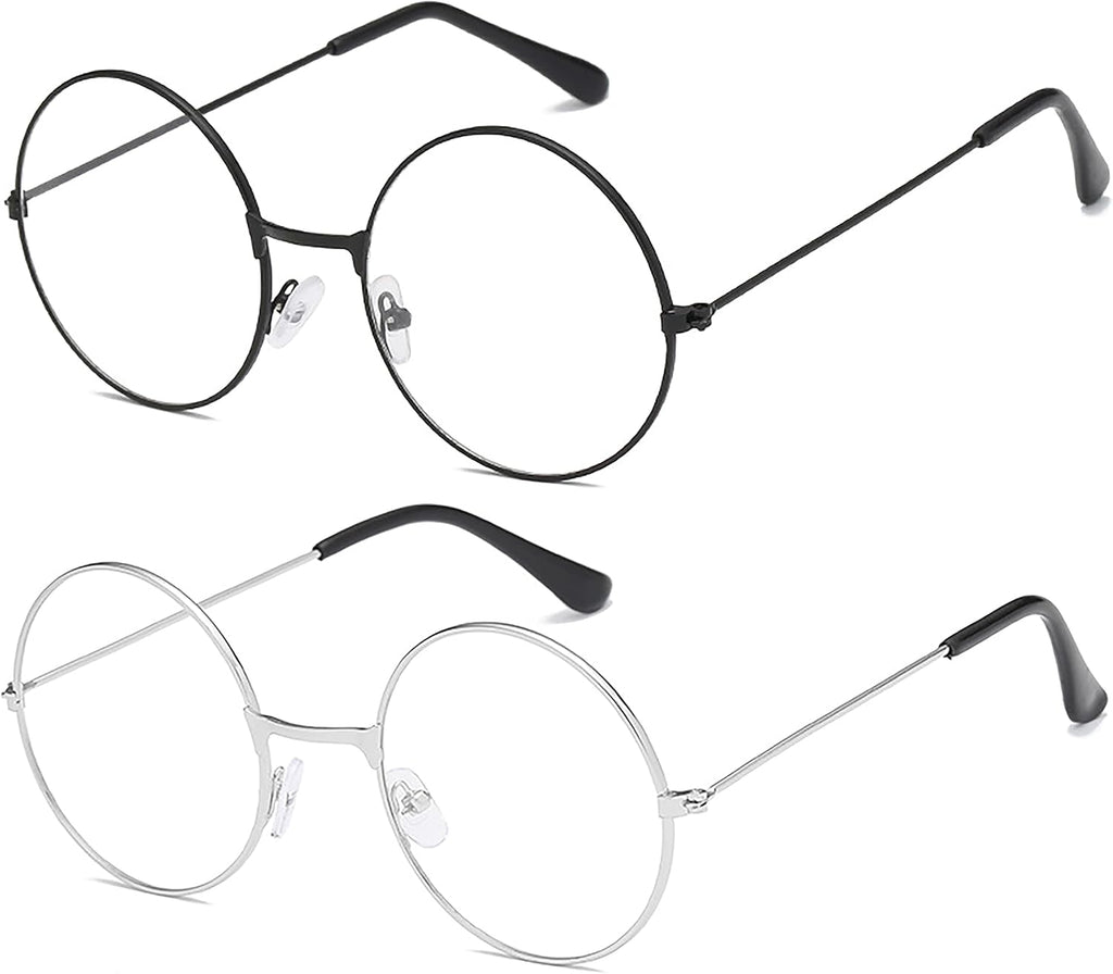2 PCS Classic Round Glasses Retro Circle Eyeglasses Clear Lens Metal Frame Accessories Non-Prescription For Men Women