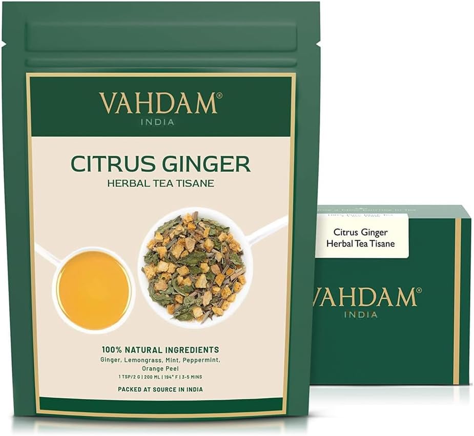 VAHDAM, Citrus Ginger Herbal Tea Tisane (50 Cups, 3.53 oz) Gluten Free, Non GMO | Ginger, Lemongrass, Orange Peels, Mint | Herbal Tea Loose Leaf | Vacuum Sealed Pack