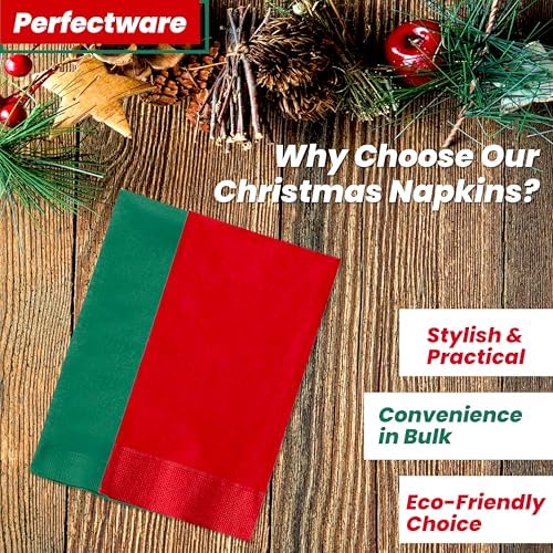 Perfectware 2PLY Christmas Paper Dinner Napkins. Pack of 100CT in Green and Red. 15 x 17 Paper Dinner Napkin Set