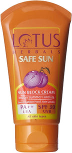 (Pack Of 2) Lotus Herbals Safe Sun Block Cream Indian Summer Formula Pa++ Uva Spf 30 Uvb 50G New Best