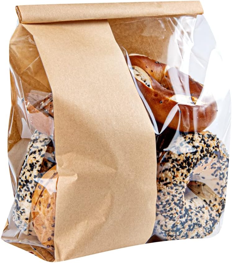 Restaurantware - Bag Tek 8.3 x 3.9 x 13.8 Inch Kraft Tin Tie Bags With Windows, 100 Resealable Bakery Bags With Windows - Flat Bottom, For Cookies or Coffee Beans, Paper Tin Tie Bags