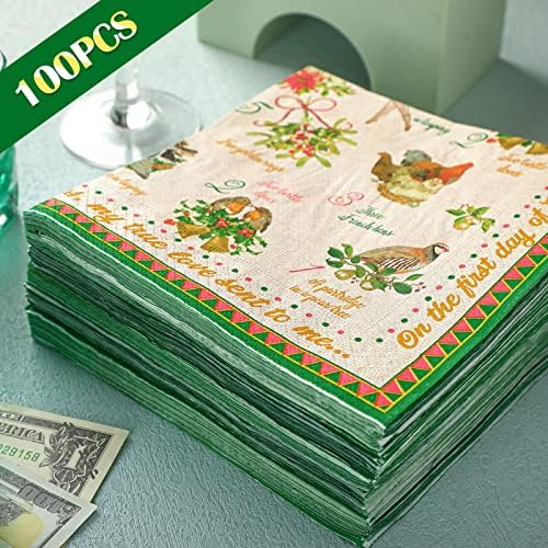 Geyee 100 Pcs 12 Days of Christmas Napkins Holiday Paper Napkin Disposable Guest Funny Towel Cocktail 2 Ply Xmas Decoupage Napkins Bulk