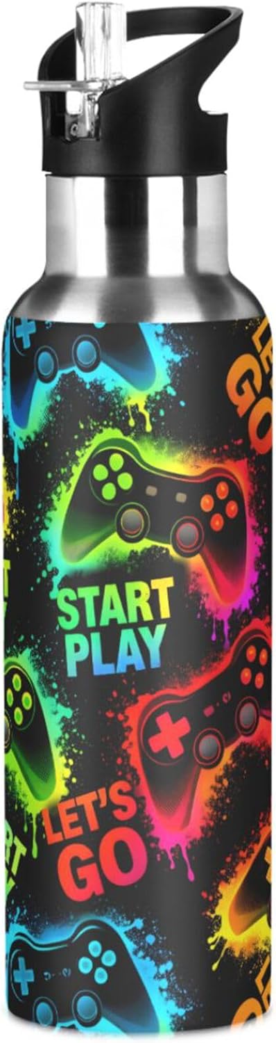 Video Game Boys Joystick Water Bottle Colorful Gamepad Insulated Sports Vacuum Stainless Steel Mug with Straw Lid & Handle 20 oz