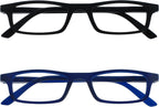 OPULIZE TED Reading Glasses for Women Men, Lightweight Narrow Rectangular Matt Frame with Spring Hinges, Black Blue +1.50 (Pack of 2)
