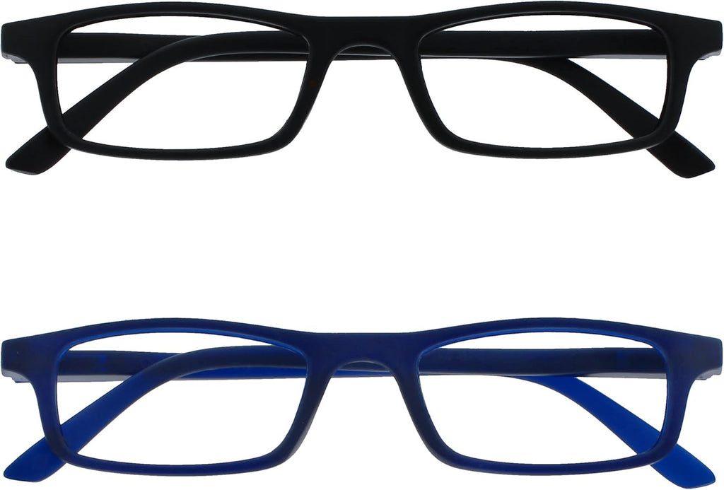 OPULIZE TED Reading Glasses for Women Men, Lightweight Narrow Rectangular Matt Frame with Spring Hinges, Black Blue +3.00 (Pack of 2)