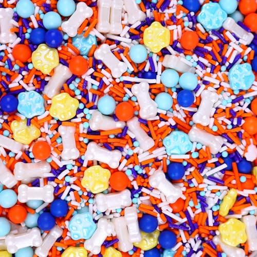 Dog Paw & Dog Bone Birthday Themed Sprinkles - 3oz, Sprinkles for Cupcakes Decorating, Dog Paw Cake Decorations, Orange and Blue Sprinkle Mix for Decorating Cakes, Cookies, Cupcakes, Treats and Candy