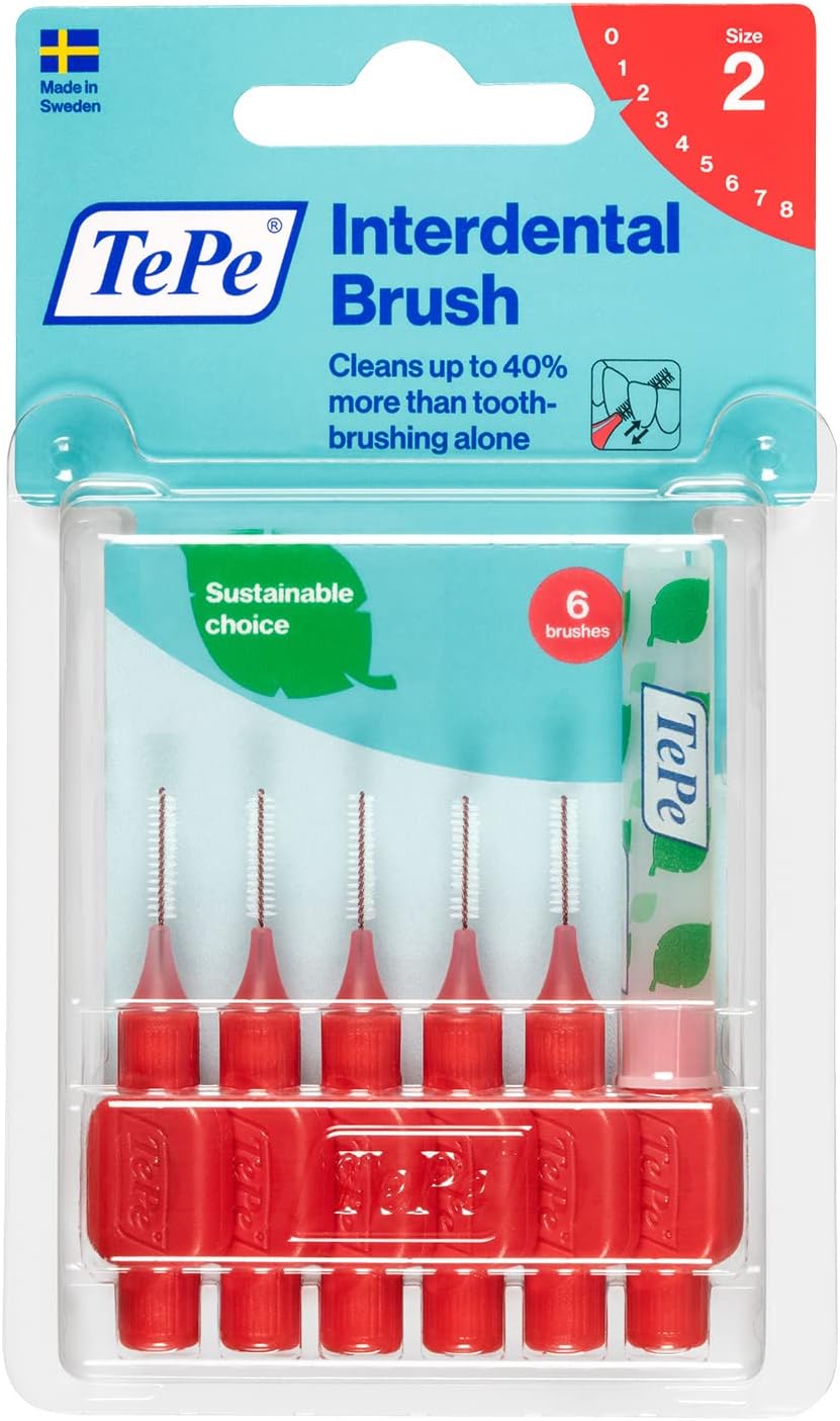 TePe Interdental Brush Original, Soft Dental Brush for Teeth Cleaning, Pack of 6, 0.5 mm, Extra-Small/Small Gaps, Red, Size 2