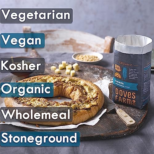 Doves Farm Organic Stoneground Wholemeal Emmer Flour 2.2 lb (1 kg) - High Protein Ancient Grain Emmer Whole Wheat, British Baking Flour for Breads & Cakes, Kosher & Vegan, Imported from UK