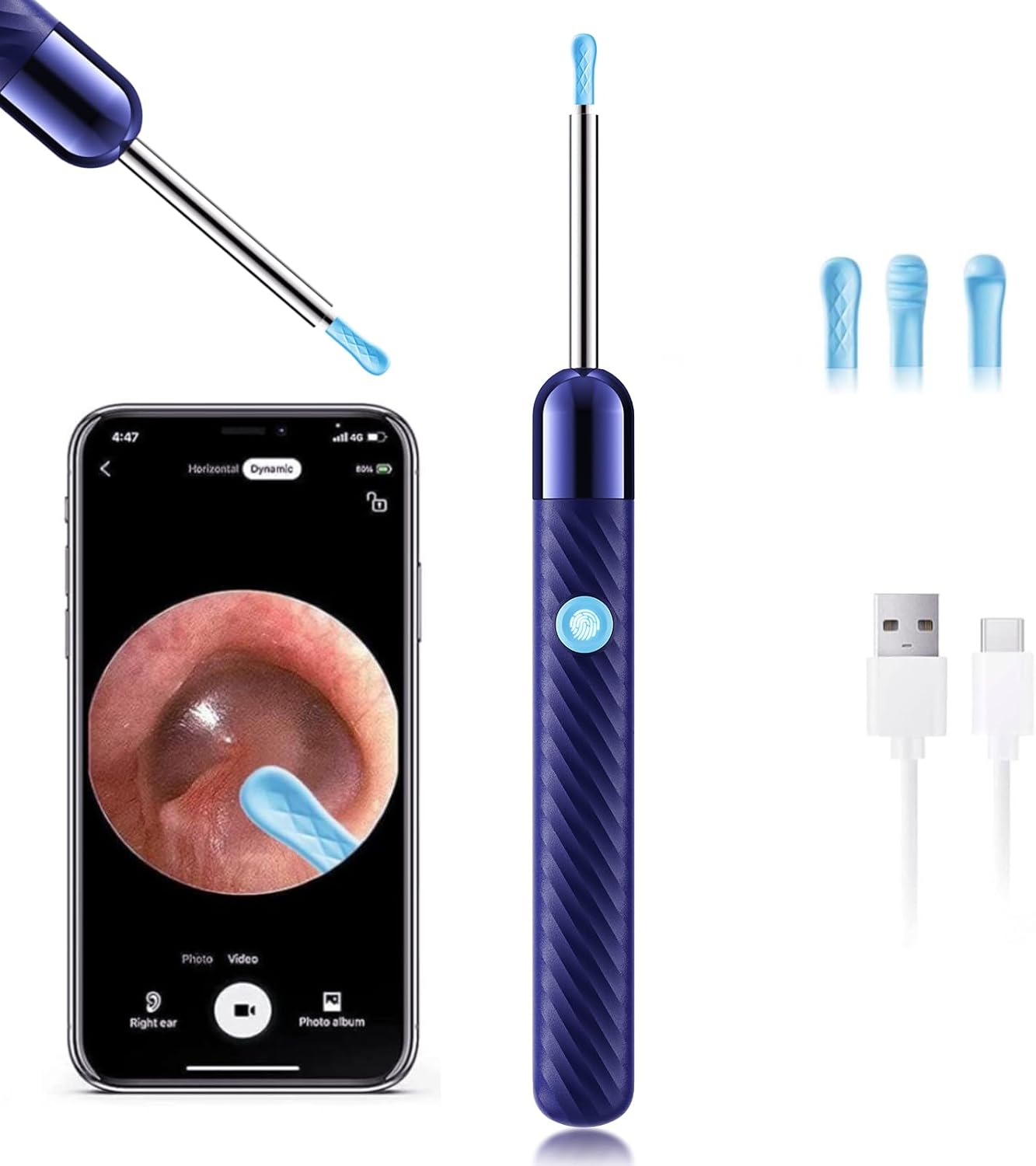 LEIPUT Ear Wax Removal - Earwax Remover Tool - Ear Canal Cleaner with 1080P Camera - Ear Cleaning Kit with 4 Ear Spoon - Ear Camera for iOS & Android (Navy Blue)