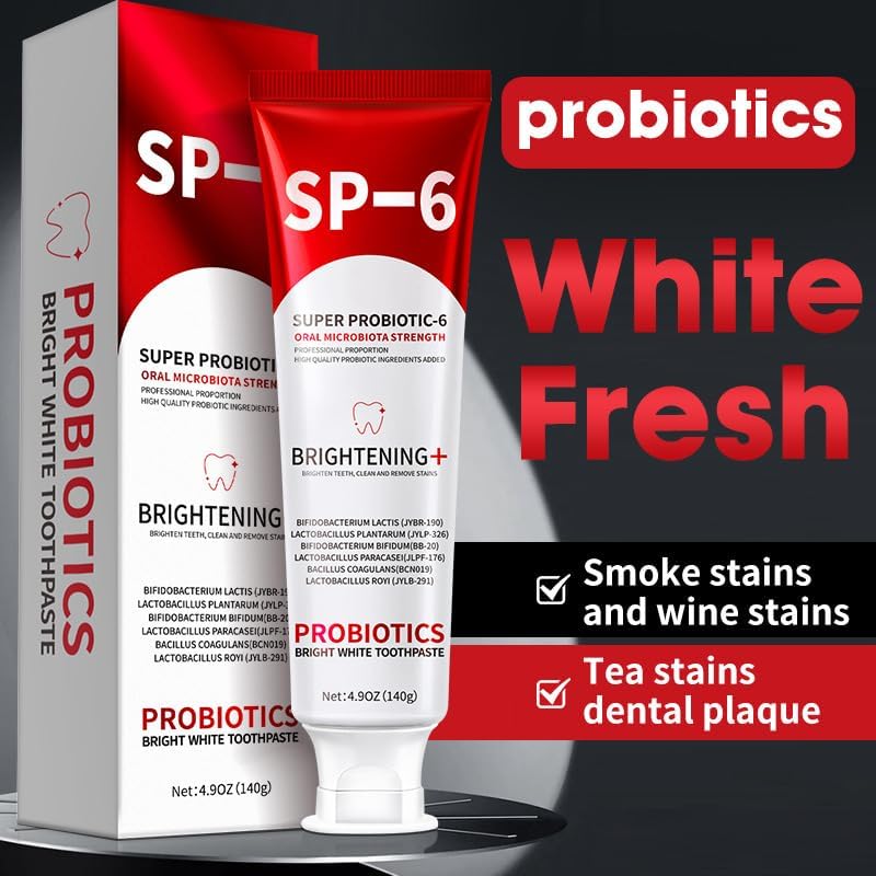 SP-6 Probiotic Toothpaste 2Pcs - Teeth Whitening, Fresh Breath, Plaque Removal & Gum Care, Enamel Safe Formula with Natural Ingredients for Sensitive Teeth, Refreshing Cool Mint Flavor
