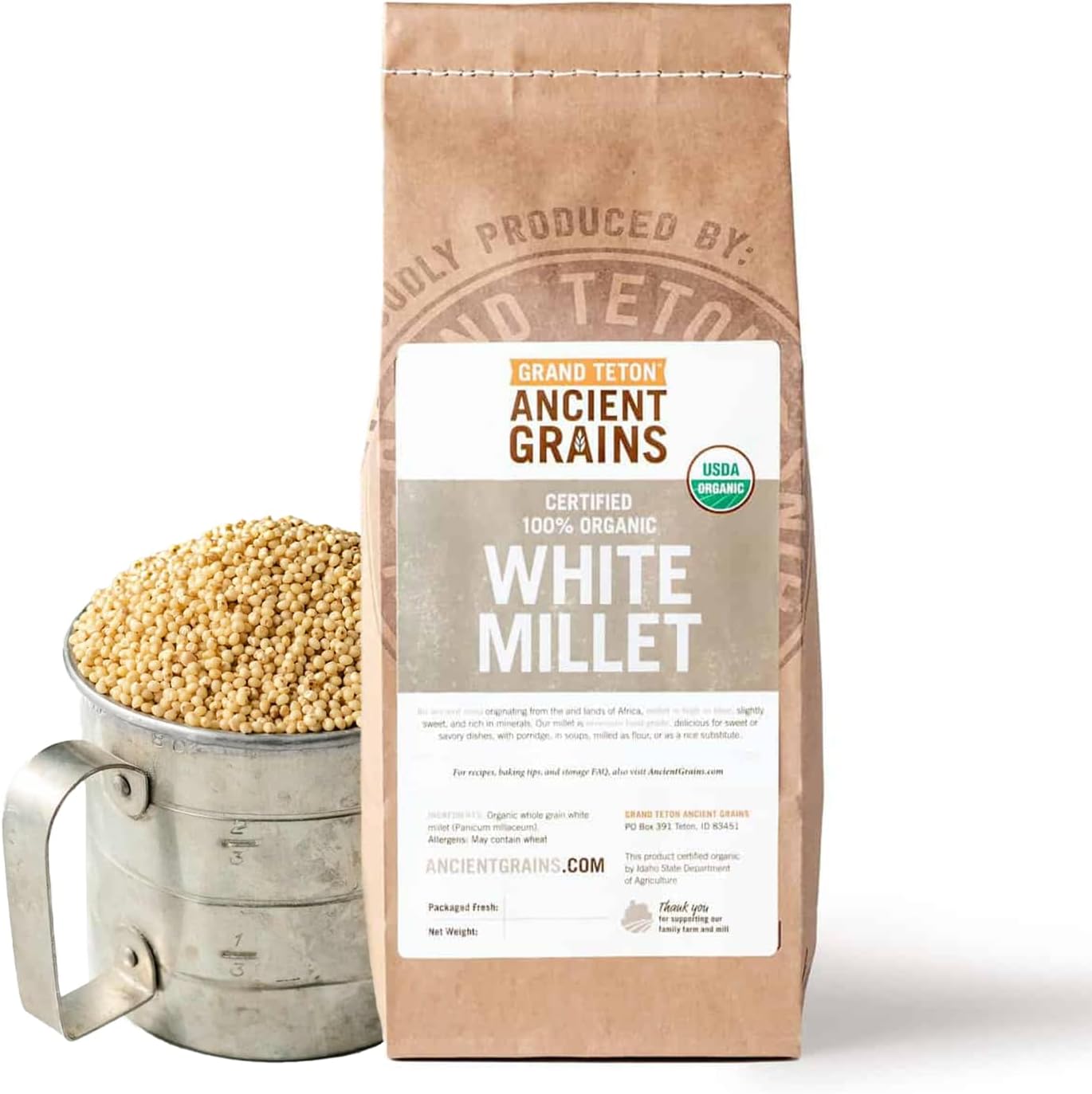 100% Organic White Millet by Grand Teton Ancient Grains | Shelled, Gluten-Free, Hulled Grain for Salads, Pilafs, & Soups | Whole Grain Ready for Milling, (2.5 Pounds)