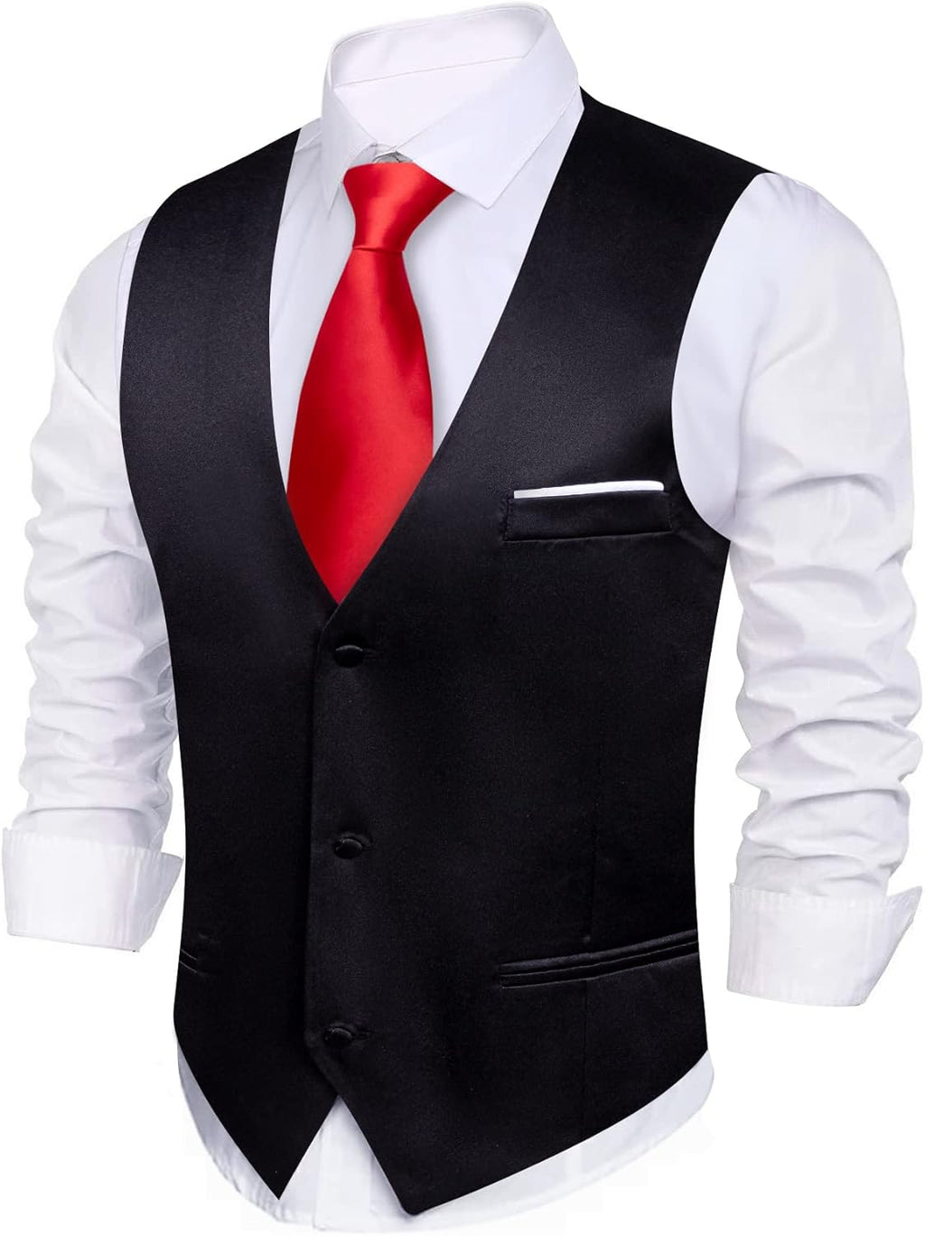 Barry.Wang Vest for Men Business/Leisure Dress Suit Vests V-neck 2 Pockets Wedding Party Tuxedo Satin Waistcoat