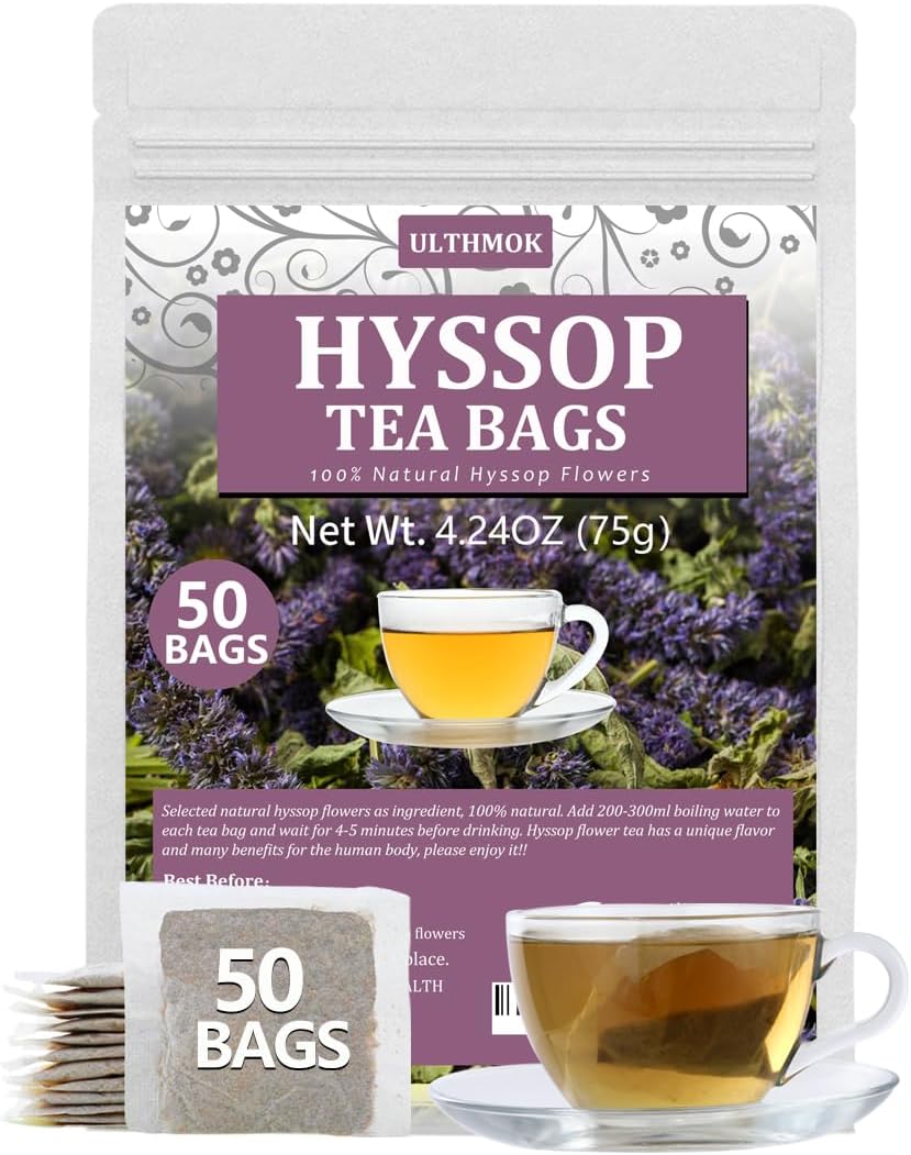 Premium 50 Hyssop Tea Bags, Made with Natural Hyssop Flowers, Support Digestion & Promote Relaxation, No Artificial Flavors & Caffeine Free.