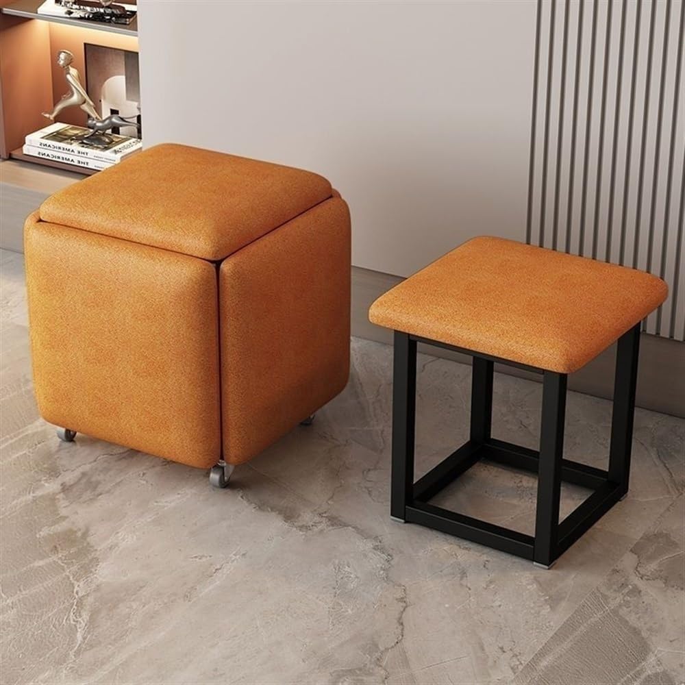 Multifunctional Stool, Storage Stool, Shoe Changing Stool，Foldable Stool, 5 in 1 Nesting Ottoman Set, Versatile Cube Stools with Swivel Casters, Stackable Stools with Nappa Leather Finish(Orange-techn