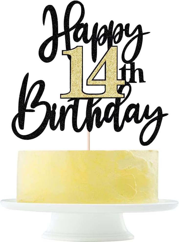 Black Gold Glitter Happy 14th Birthday Cake Topper,Happy 14 Birthday Cake Decoration for 14 & Fabulous Birthday,Hello 14 Party Anniversary Party Cake Decorations Supplies