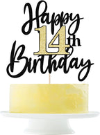 Black Gold Glitter Happy 14th Birthday Cake Topper,Happy 14 Birthday Cake Decoration for 14 & Fabulous Birthday,Hello 14 Party Anniversary Party Cake Decorations Supplies