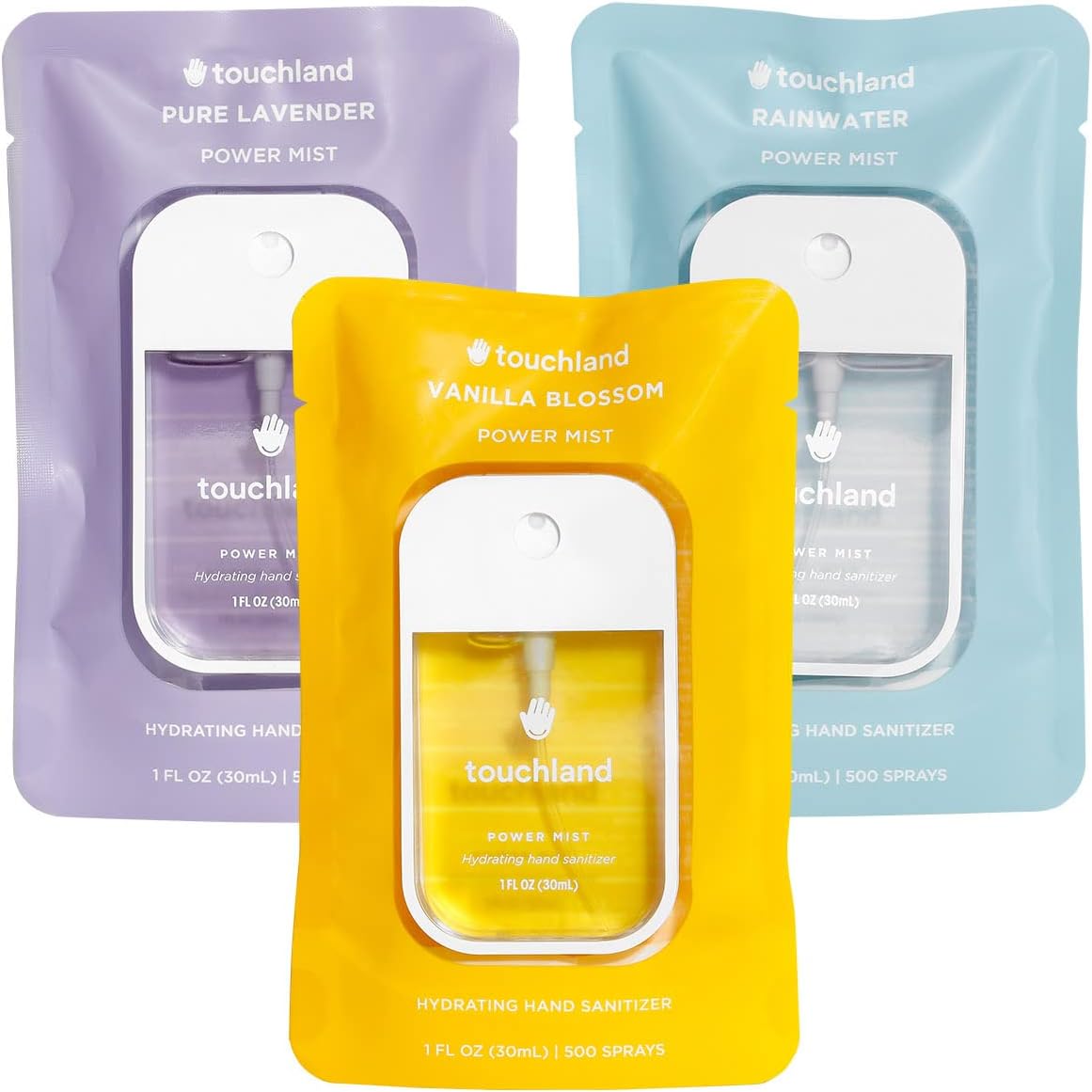 Touchland Hydrating Hand Sanitizer Spray – Blossom Trio Set (Pure Lavender, Vanilla Blossom, Rainwater) – 3 x 1 FL OZ Travel Size Mists