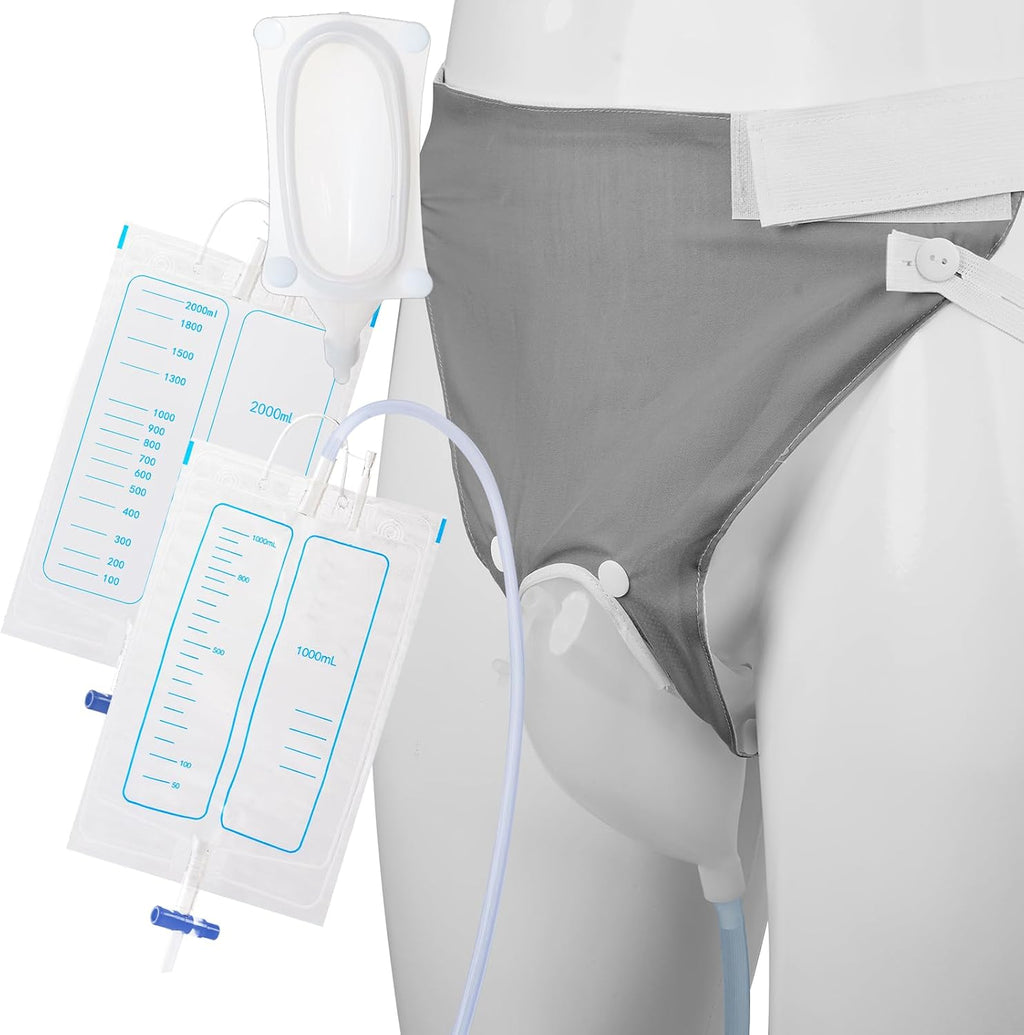 Wearable Urine Collector for Men with Reusable Silicone Urine Cup Adjustable Fixed Pants and 2 Urinary Bags 2000ml and 1000ml External Catheter for Men for Home Travel and Daily Use, Elderly Men Grey