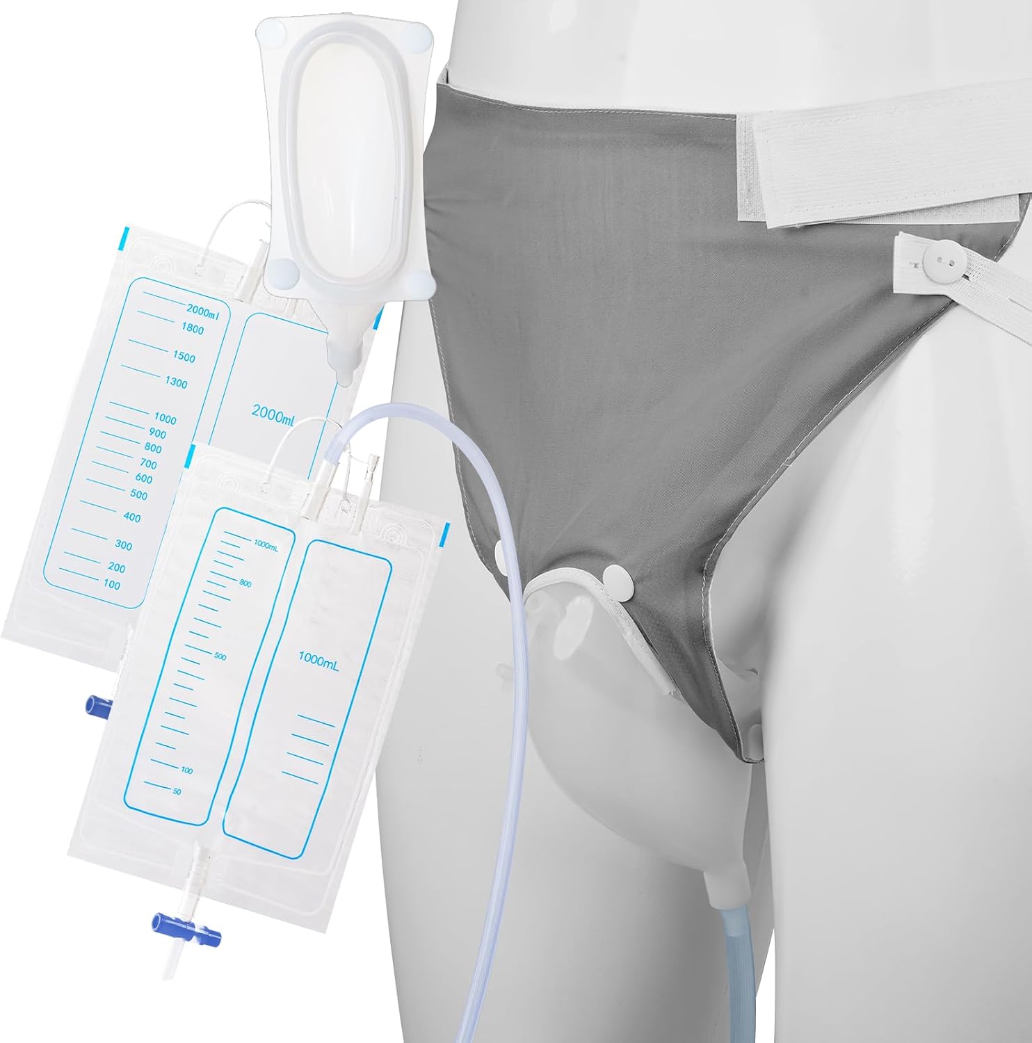 Wearable Urine Collector for Men with Reusable Silicone Urine Cup Adjustable Fixed Pants and 2 Urinary Bags 2000ml and 1000ml External Catheter for Men for Home Travel and Daily Use, Elderly Men Grey