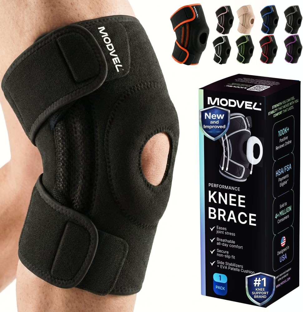 Modvel Knee Brace with Side Stabilizers & Patella Gel Pads for Pain Relief and Joint Support Breathable, Non-Slip Compression Sleeve for Men & Women, Arthritis, Meniscus, ACL Recovery