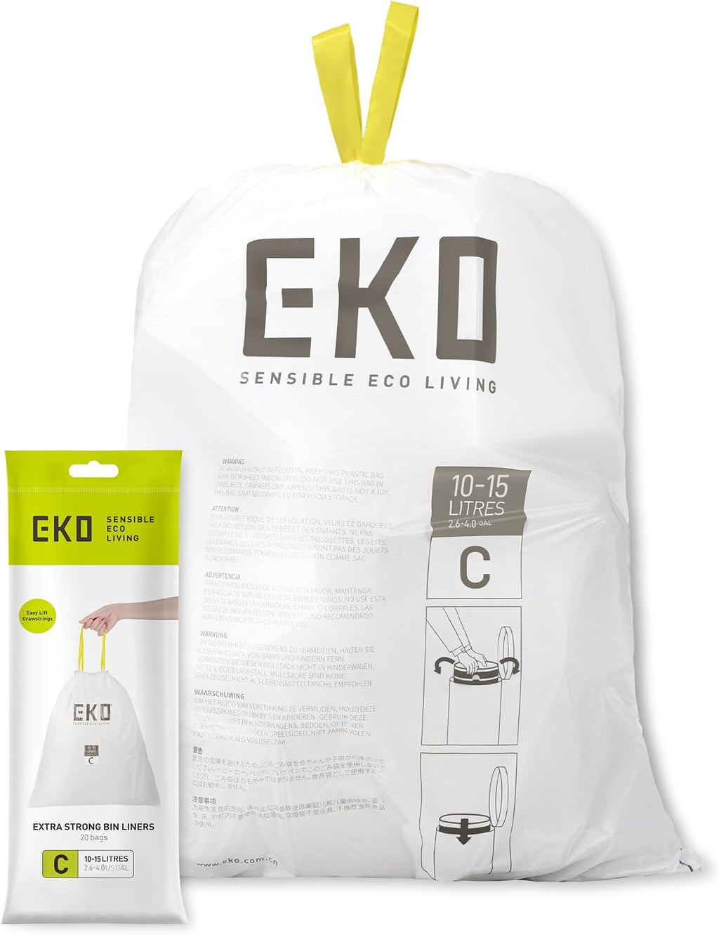 EKO Size C Bin Liners For Kitchen Bins - Extra Strong with Drawstring Tie Handles - 10-15 Litre Capacity - 20 Bags, White