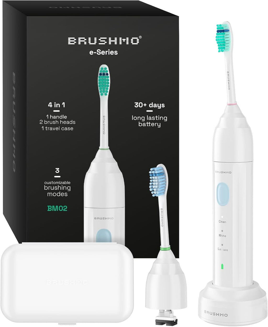 Brushmo E-Series Electric Sonic Toothbrush - Rechargeable Screw-On Electronic Tooth Brush for Adults with 3 Modes, Travel Case & Timer IPX7 Waterproof, 30 Days Lasting & Wireless Charging Base, White