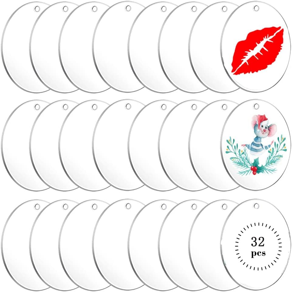 32 Pieces 3Inch Clear Acrylic Ornament Blanks Round Acrylic Ornament Transparent Acrylic Circle Blanks Discblank Ornaments For Crafting Vinyl Project Painting Diy,Holiday Hanging Ornaments