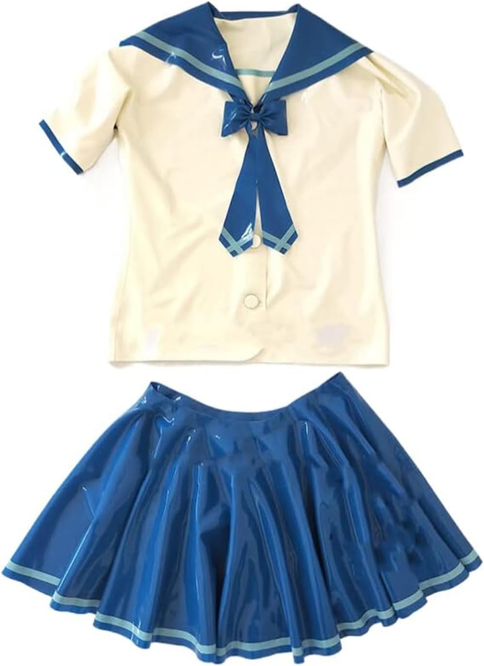Sexy Female Latex Costume Blouse and Skirt Rubber Student Suit Tie Bow Cosplay
