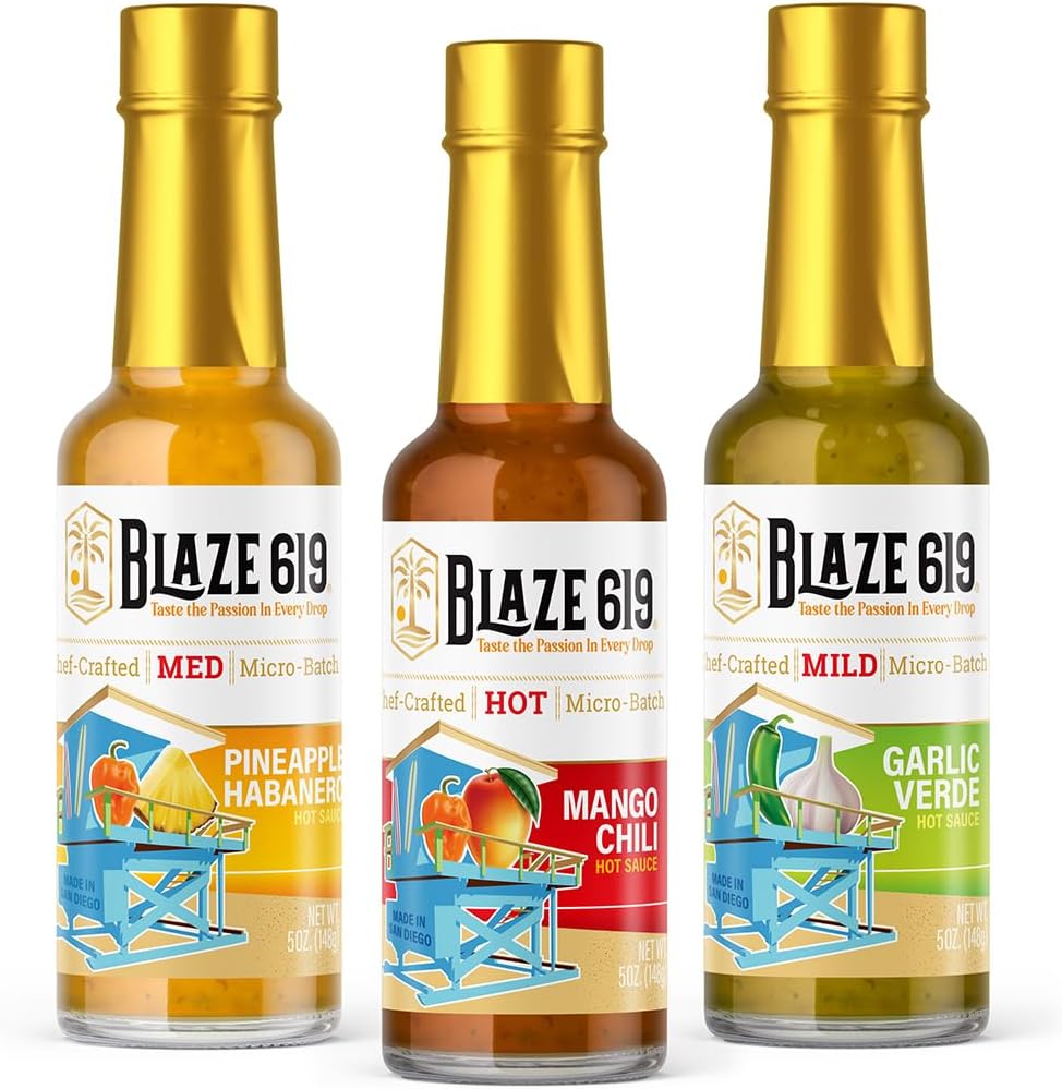 Blaze 619 Gourmet Hot Sauce Gift Set, Pineapple Habanero, Mango Chili, Garlic Verde, All Natural, Gluten Free, Vegan, Low Sodium, 5oz Bottles, 3 Pack