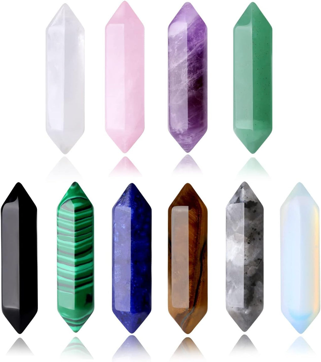 10PCS Healing Crystals Stones Sets Natural Amethyst Rose Quartz Clear Quartz Tiger Eye Reiki Gemstones Bulk Hexagonal Points Energy Balancing Chakra Meditation Therapy Gift