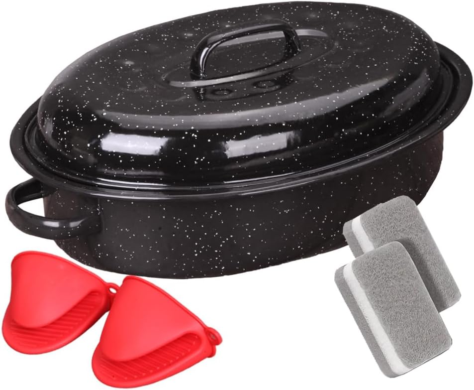 All-in-One Enamel Roasting Pan with Lid & Rack | Oven & Dishwasher Safe for Turkey and More | Includes Silicone Handles & Cleaning Sponges （13inchs/16inchs） (5, 16inch)
