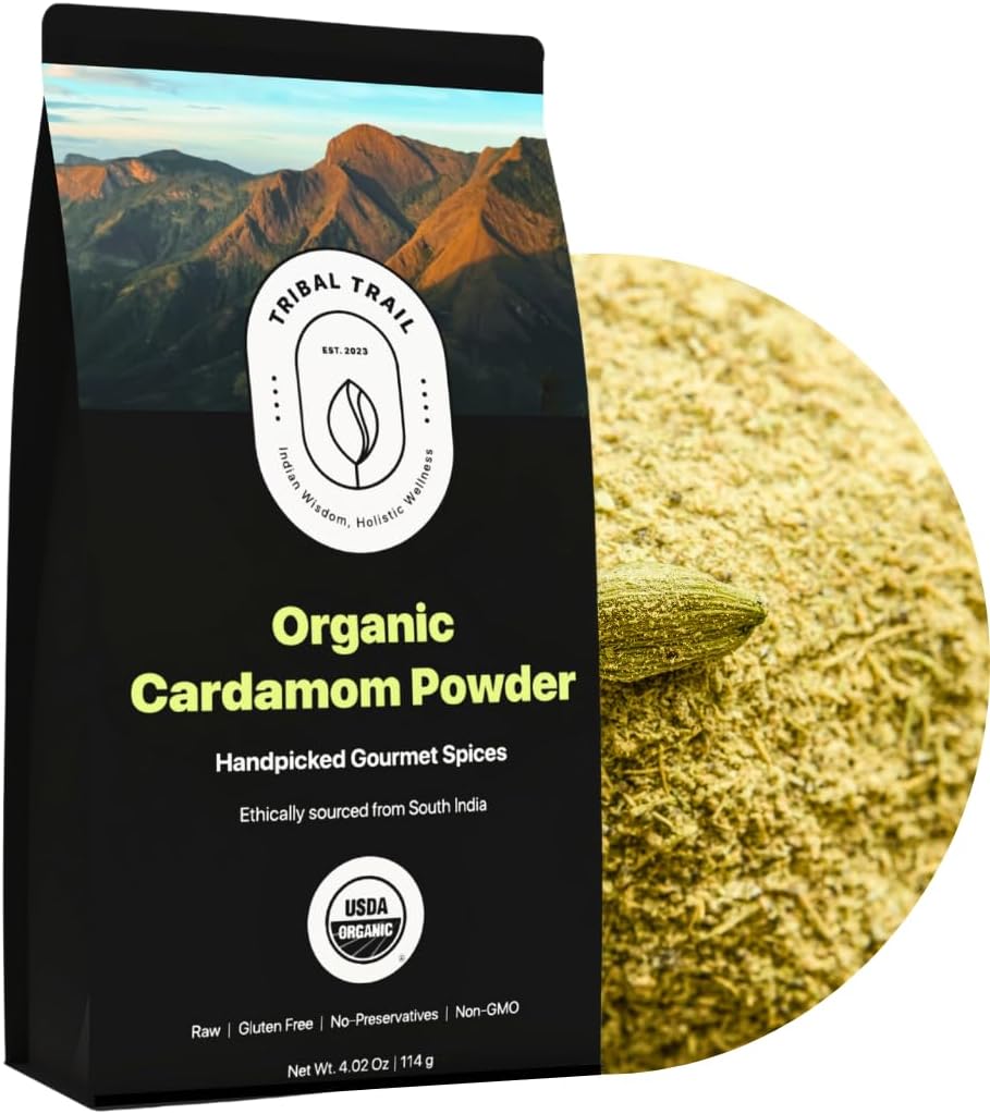 Tribal Trail Organic Cardamom Ground | 4.02 oz | USDA Organic & Non-GMO | Ethically Sourced from Kerala, India | Recyclable Kraft Bags | Best for Tea, Coffee & Baked Goods | Floral, Sweet & Spicy