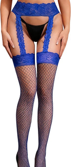 FRENZCOY Fishnet Stockings for Women Sexy Lace Fishnet Thigh High Stockings,Antiskid Garter Belt and Thigh Highs Set