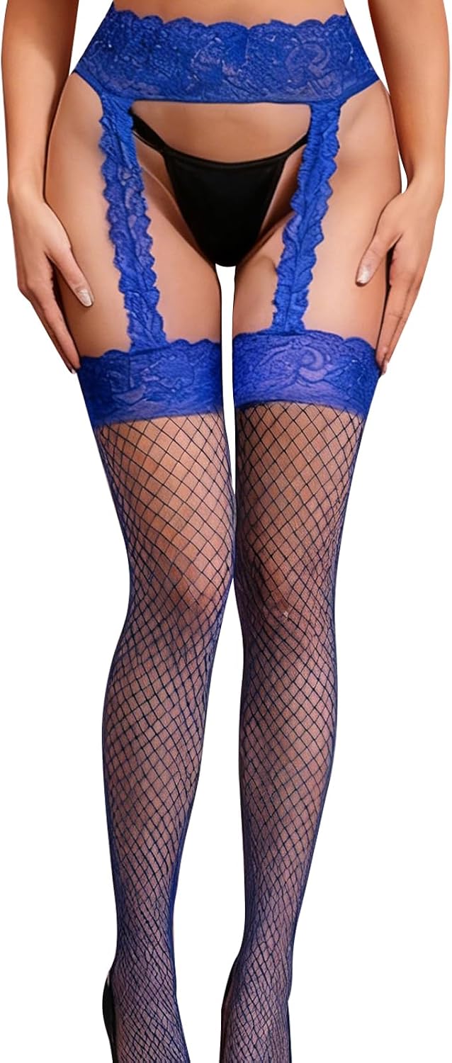 FRENZCOY Fishnet Stockings for Women Sexy Lace Fishnet Thigh High Stockings,Antiskid Garter Belt and Thigh Highs Set