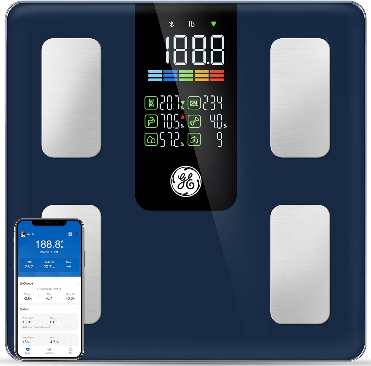 GE Smart Scale for Body Weight, BMI, Fat, Muscle Mass, Digital Bathroom Scales 500lbs Bluetooth 11.8" Large Platform Weighing Machine Health Monitor with App, Dark Blue