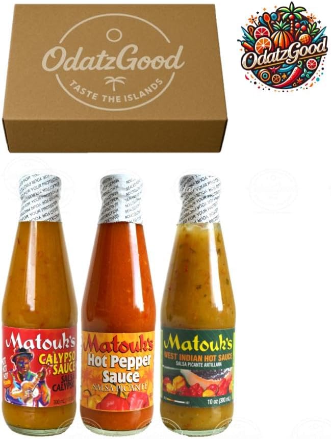 Matouk’s Calypso, Hot Pepper & West Indian Hot Sauce Classic Caribbean Heat 3-Pack – Product of Trinidad & Tobago – Curated & Packaged by ODatzGood
