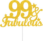 99 & Fabulous Cake Toppers Gold Glitter, Happy 99th Birthday Cake Topper Cheers to 99 Years Old Bday Decoration, Ninety-nine and Fabulous Cake Decorations for 99 Birthday Anniversary Party