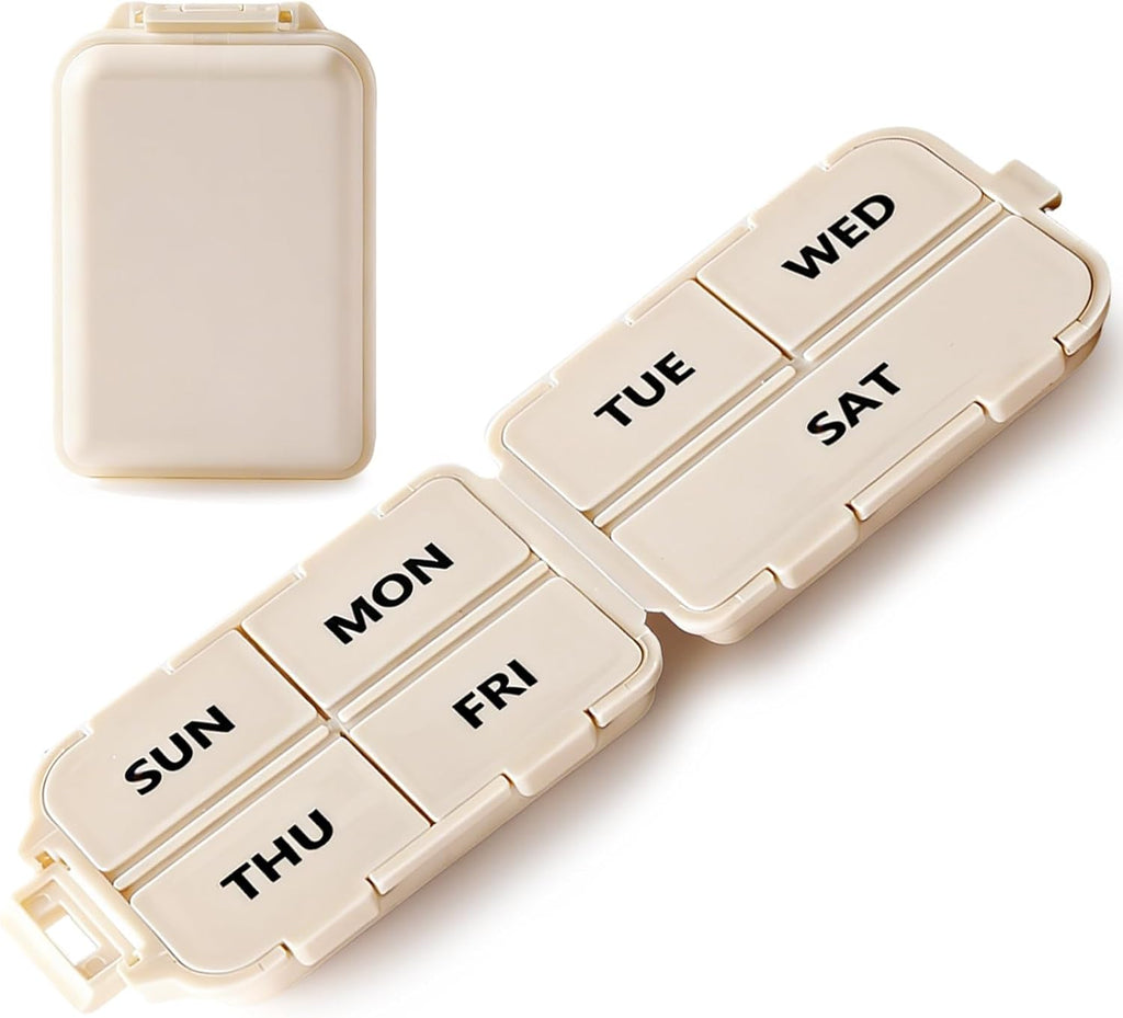 7 Day Compact Pill Organizer, Foldable Portable Travel Pill Box with Double Protection, Daily Small Pill Case Dispenser for Medication, Vitamins, Supplements (Khaki)