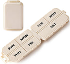 7 Day Compact Pill Organizer, Foldable Portable Travel Pill Box with Double Protection, Daily Small Pill Case Dispenser for Medication, Vitamins, Supplements (Khaki)