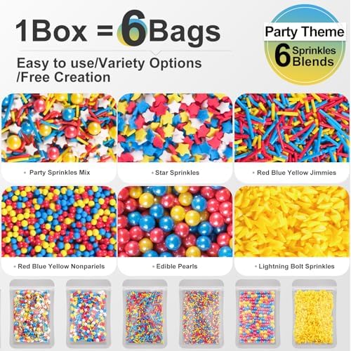 HUEBEATY® 6-in-1 Cartoon Party Sprinkles for Cake Decorating – 180g Red Blue Yellow Cake Sprinkles with Flash Lightning Bolt Confetti, Jimmies, Nonpareils, Stars & Pearls – Edible Cakes, Cupcakes, Cookies & Ice Cream Topper Decorations (Primary)